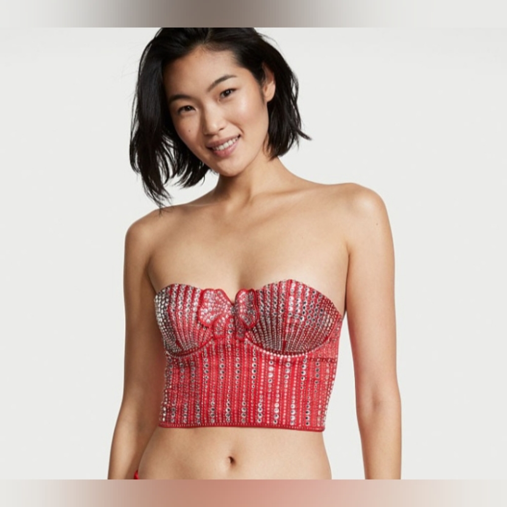NWT Victoria's Secret Red Embellished Bling Bustier Lightly Lined Bra size Large